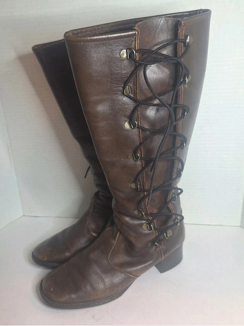 Vintage Leather Aviator Campus Tall Women’s Lace Up Duchess Style Boots Size 7.5